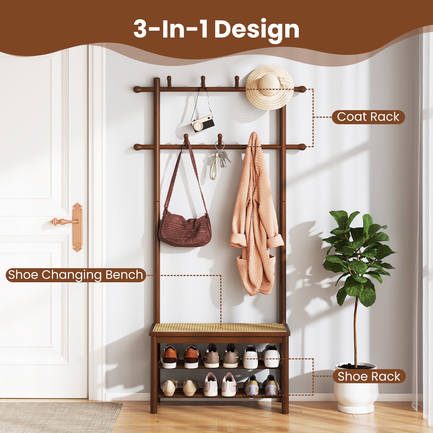 Bamboo Coat Rack PE Rattan Hall Tree with Bench and Shoe Storage 3-In-1 Entryway Bench-Brown