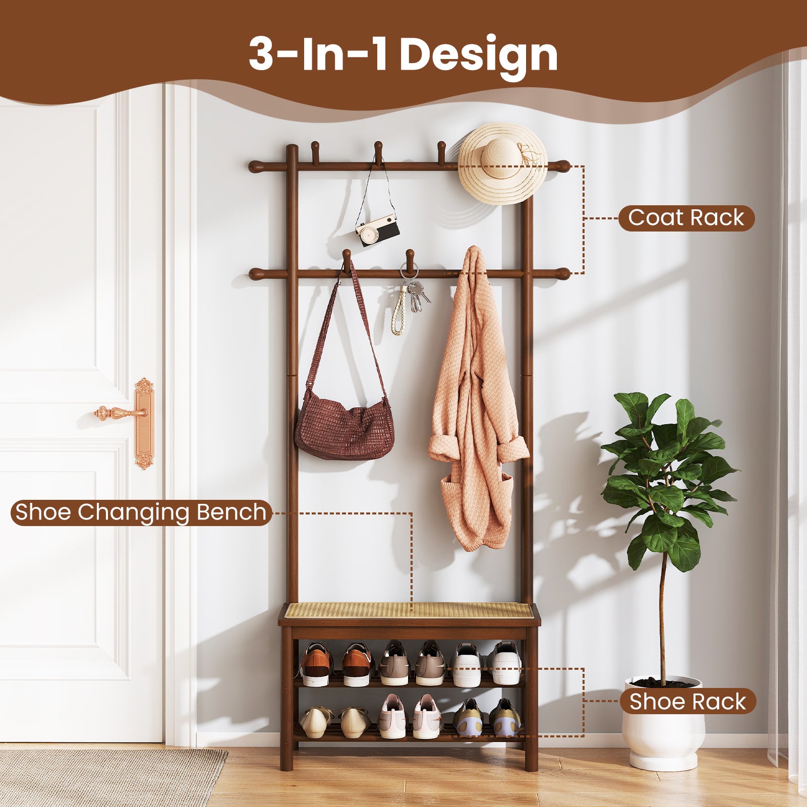 Bamboo Coat Rack PE Rattan Hall Tree with Bench and Shoe Storage 3-In-1 Entryway Bench-Brown