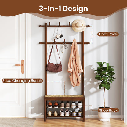 Bamboo Coat Rack PE Rattan Hall Tree with Bench and Shoe Storage 3-In-1 Entryway Bench-Brown