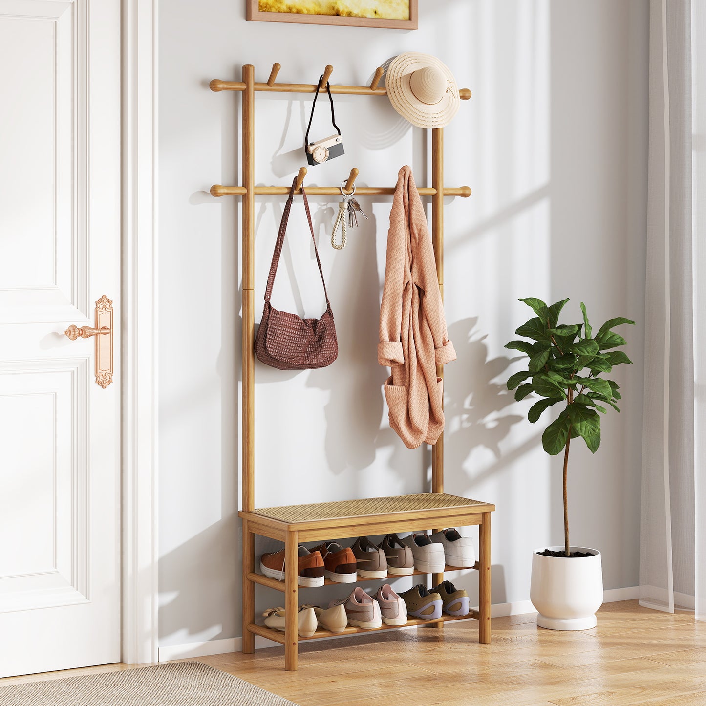 Bamboo Coat Rack PE Rattan Hall Tree with Bench and Shoe Storage 3-In-1 Entryway Bench-Natural