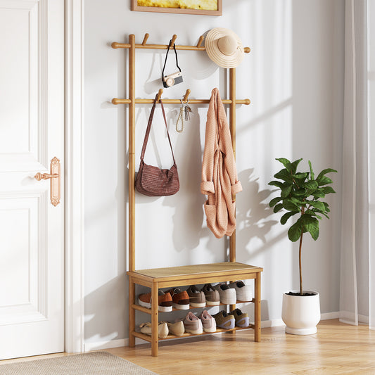 Bamboo Coat Rack PE Rattan Hall Tree with Bench and Shoe Storage 3-In-1 Entryway Bench-Natural