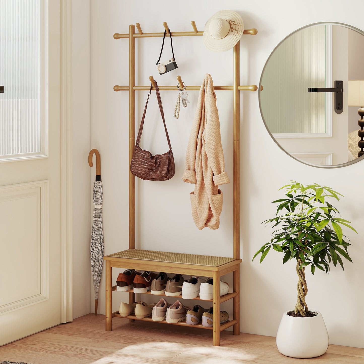 Bamboo Coat Rack PE Rattan Hall Tree with Bench and Shoe Storage 3-In-1 Entryway Bench-Natural