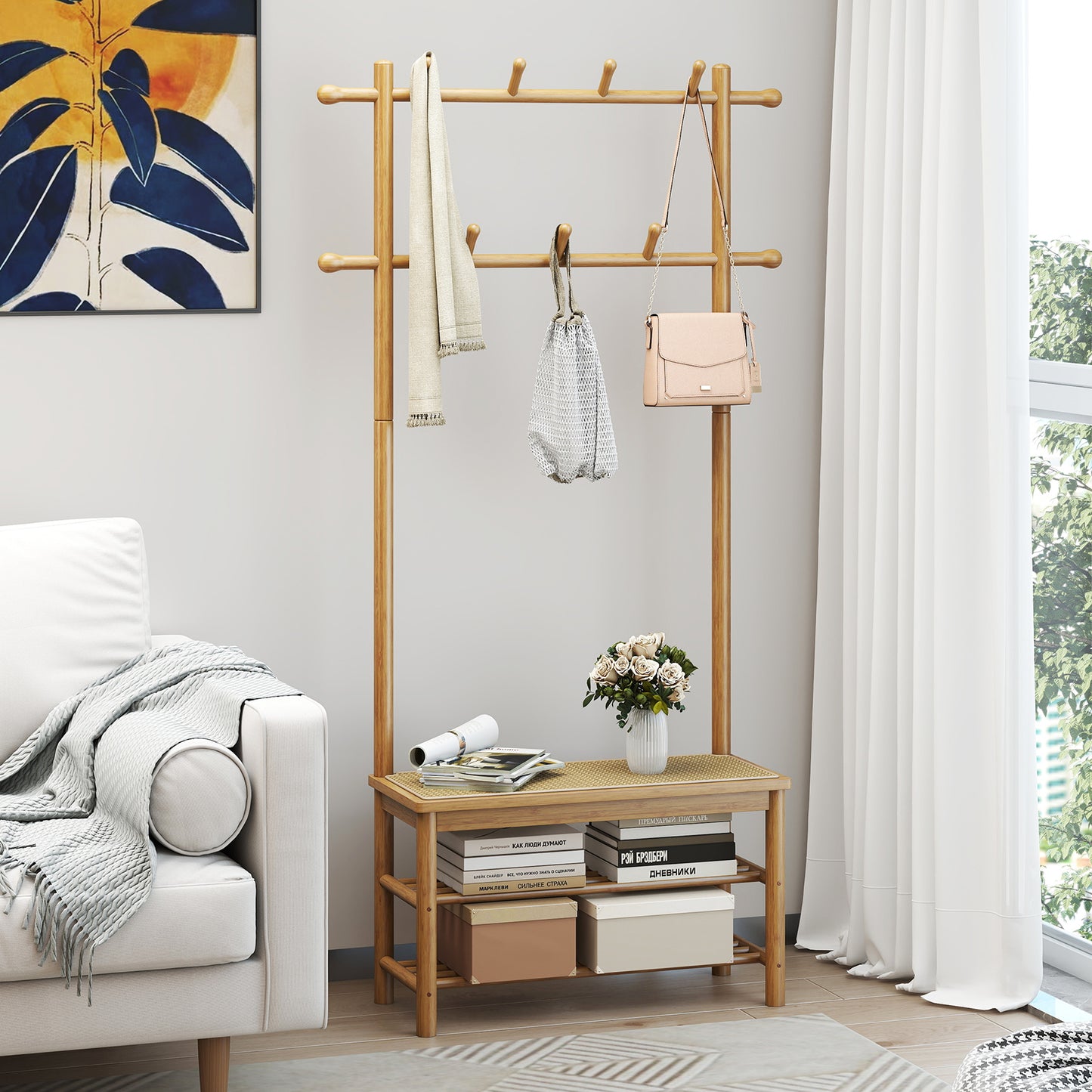 Bamboo Coat Rack PE Rattan Hall Tree with Bench and Shoe Storage 3-In-1 Entryway Bench-Natural