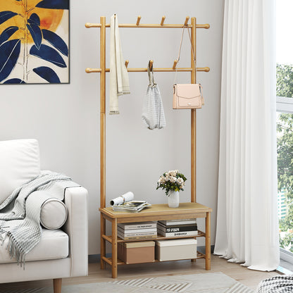 Bamboo Coat Rack PE Rattan Hall Tree with Bench and Shoe Storage 3-In-1 Entryway Bench-Natural