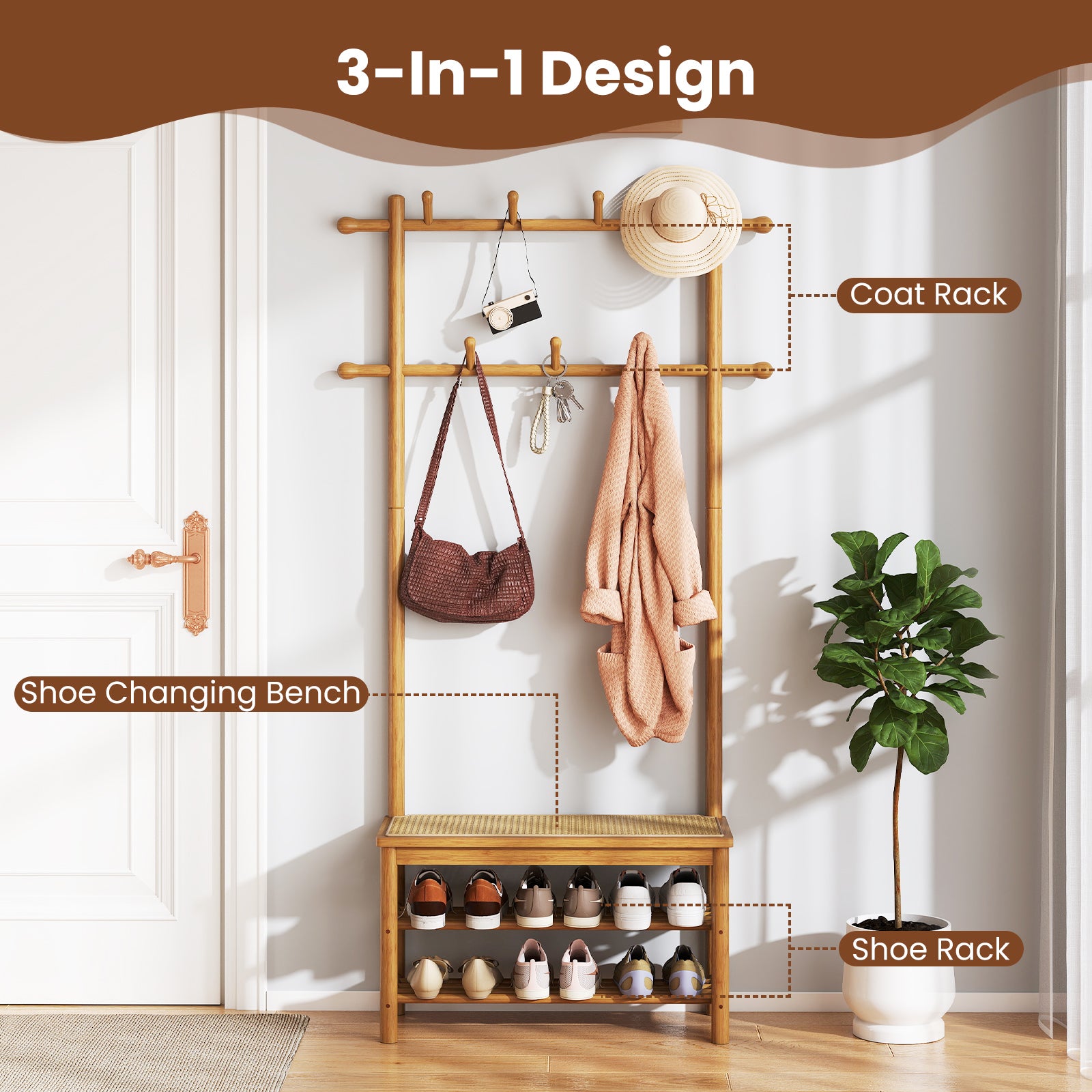 Bamboo Coat Rack PE Rattan Hall Tree with Bench and Shoe Storage 3-In-1 Entryway Bench-Natural