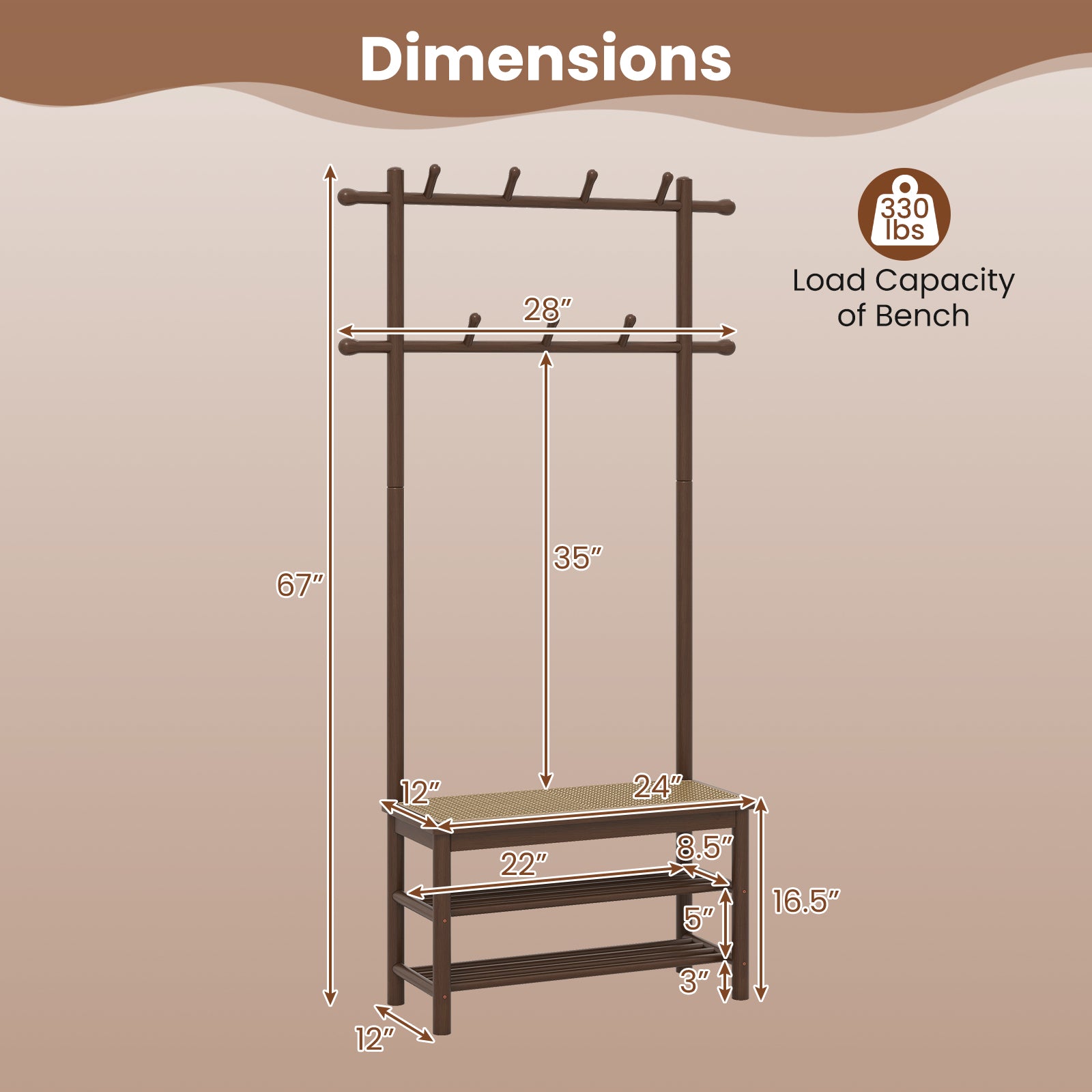 Bamboo Coat Rack PE Rattan Hall Tree with Bench and Shoe Storage 3-In-1 Entryway Bench-Brown