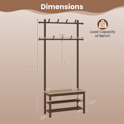 Bamboo Coat Rack PE Rattan Hall Tree with Bench and Shoe Storage 3-In-1 Entryway Bench-Brown