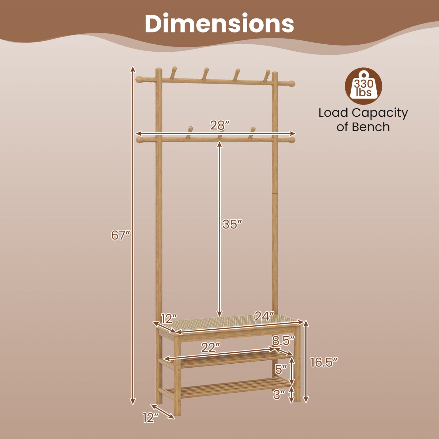 Bamboo Coat Rack PE Rattan Hall Tree with Bench and Shoe Storage 3-In-1 Entryway Bench-Natural