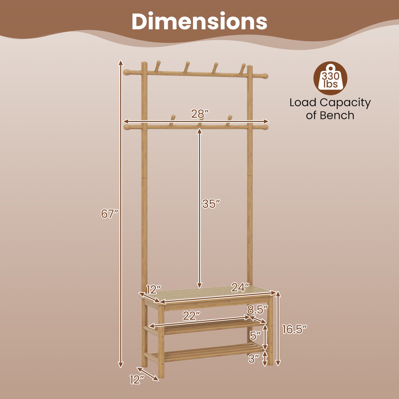 Bamboo Coat Rack PE Rattan Hall Tree with Bench and Shoe Storage 3-In-1 Entryway Bench-Natural