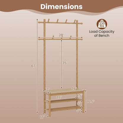 Bamboo Coat Rack PE Rattan Hall Tree with Bench and Shoe Storage 3-In-1 Entryway Bench-Natural