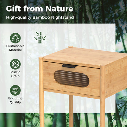 Bamboo Nightstand Square Tall End Table with Decorated Drawer-Natural