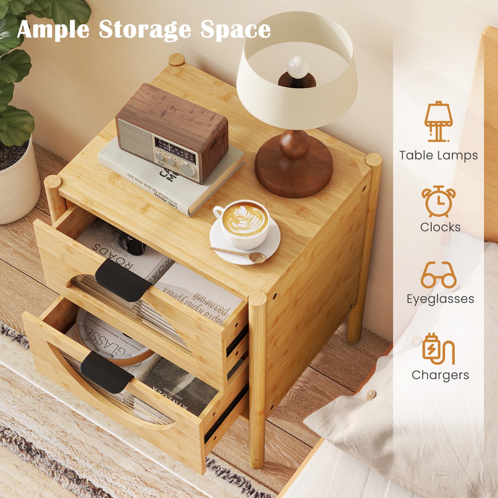 Bamboo Nightstand with 2 Storage Drawers and Reeded Tempered Glass Fronts-Natural