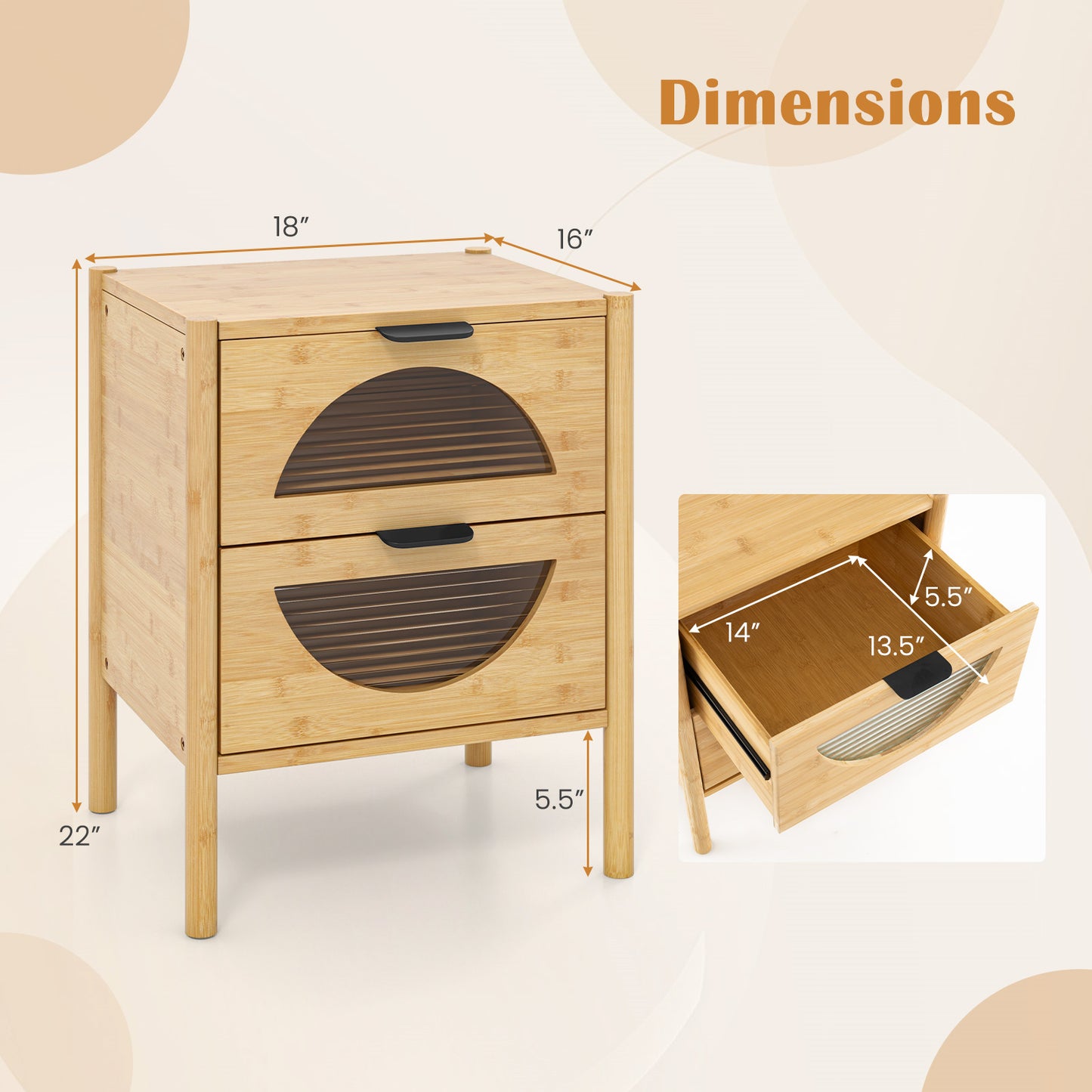 Bamboo Nightstand with 2 Storage Drawers and Reeded Tempered Glass Fronts-Natural