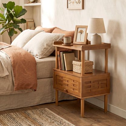 Bamboo Rattan Nightstand with Flip-Up Door and Open Shelf
