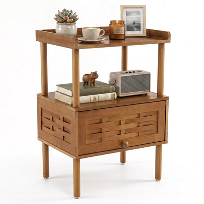 Bamboo Rattan Nightstand with Flip-Up Door and Open Shelf