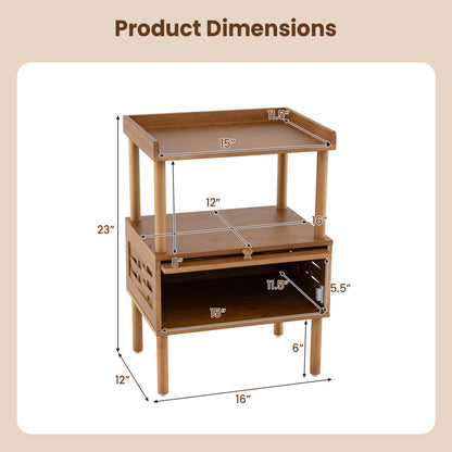 Bamboo Rattan Nightstand with Flip-Up Door and Open Shelf
