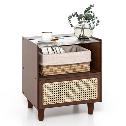 Bamboo Rattan Nightstand with Drawer and Solid Wood Legs-Brown