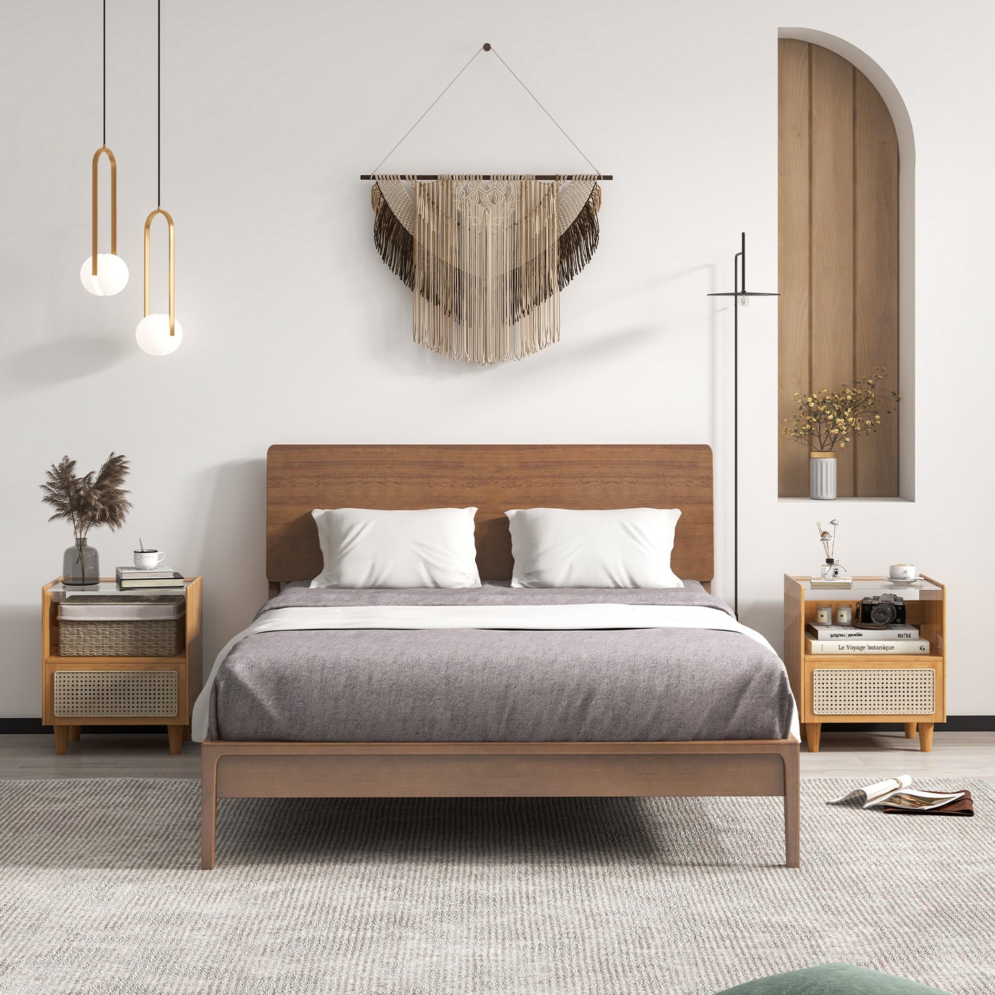Bamboo Rattan Nightstand with Drawer and Solid Wood Legs-Natural