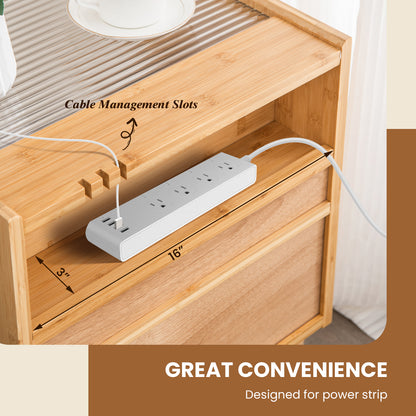 Bamboo Rattan Nightstand with Drawer and Solid Wood Legs-Natural