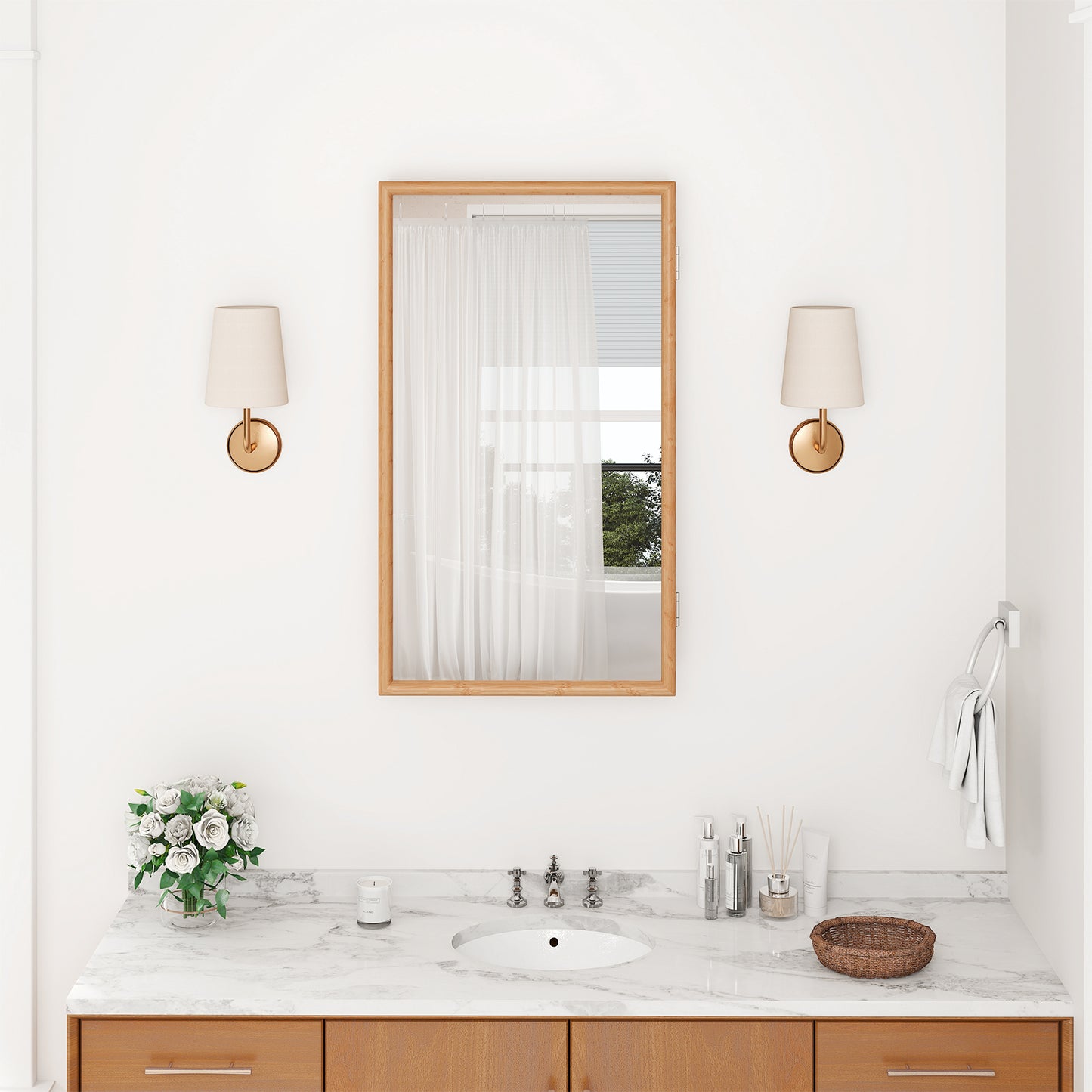 Bamboo Small Medicine Cabinet with Mirror Door and Removable Shelves-Natural