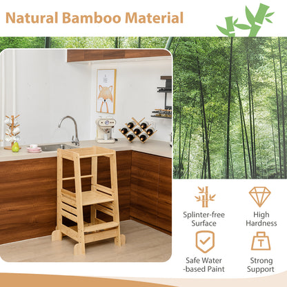 Bamboo Kids Kitchen Step Stool with Adjustable Height and Safety Rails-Natural