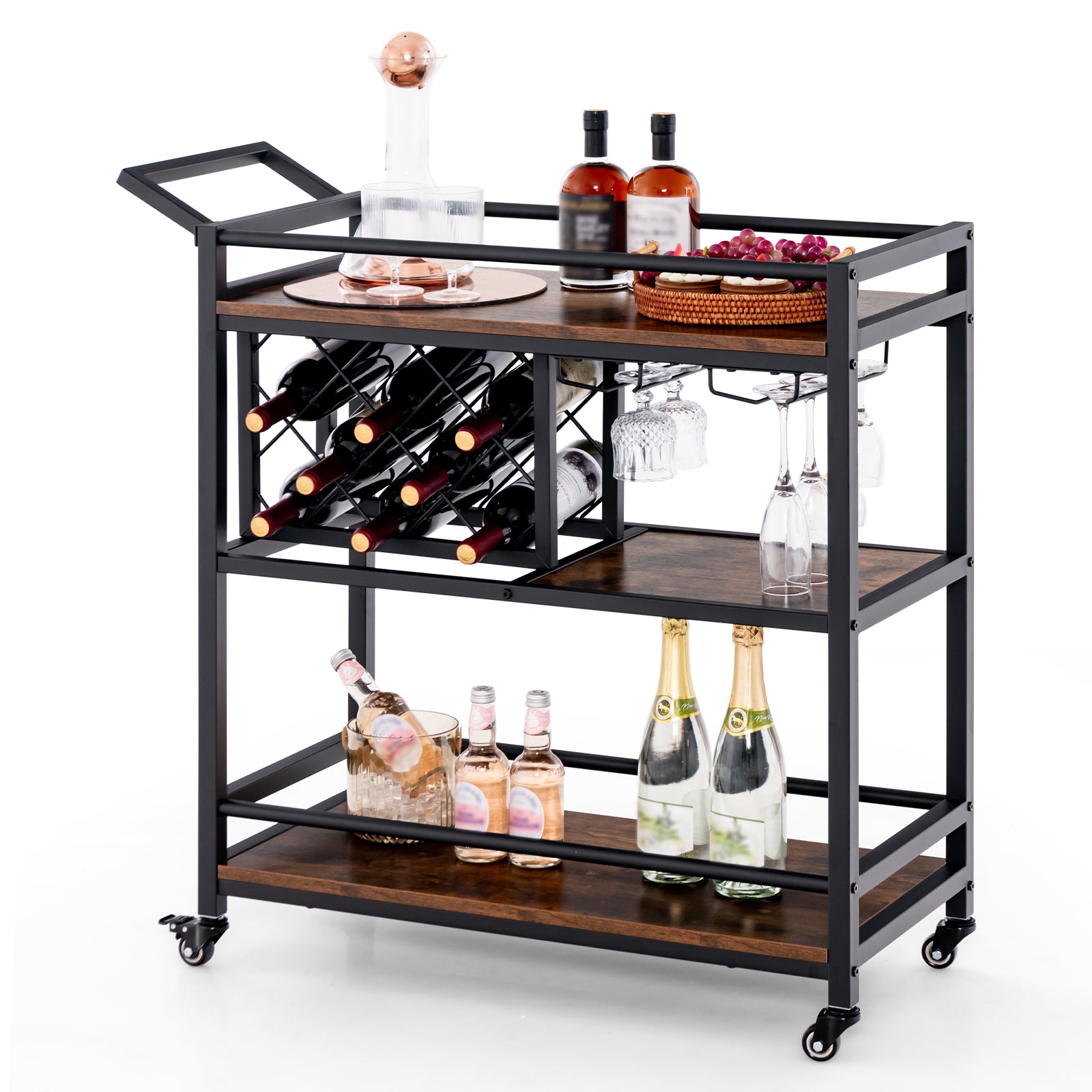 3-tier Bar Cart on Wheels Home Kitchen Serving Cart with Wine Rack and Glasses Holder-Rustic Brown - Rustic Brown