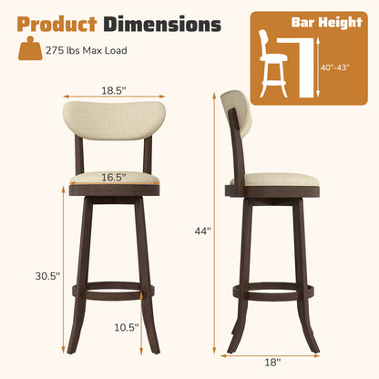 30.5 Inch Bar Height Chairs Set of 2 Swivel High Barstool with Padded Seat and Backrest-Brown