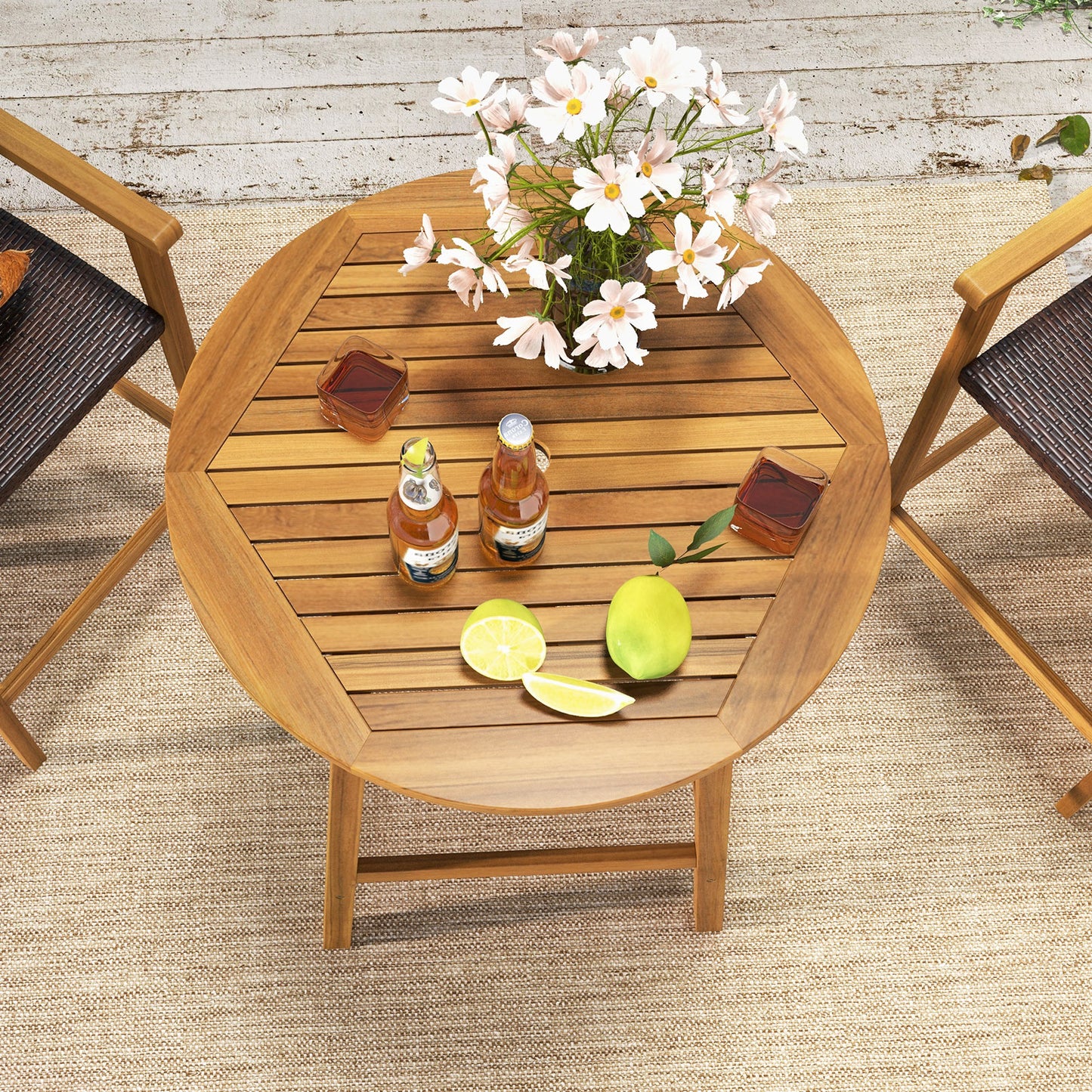 Bar Height Table with Umbrella Hole and Slatted Tabletop for Outdoors