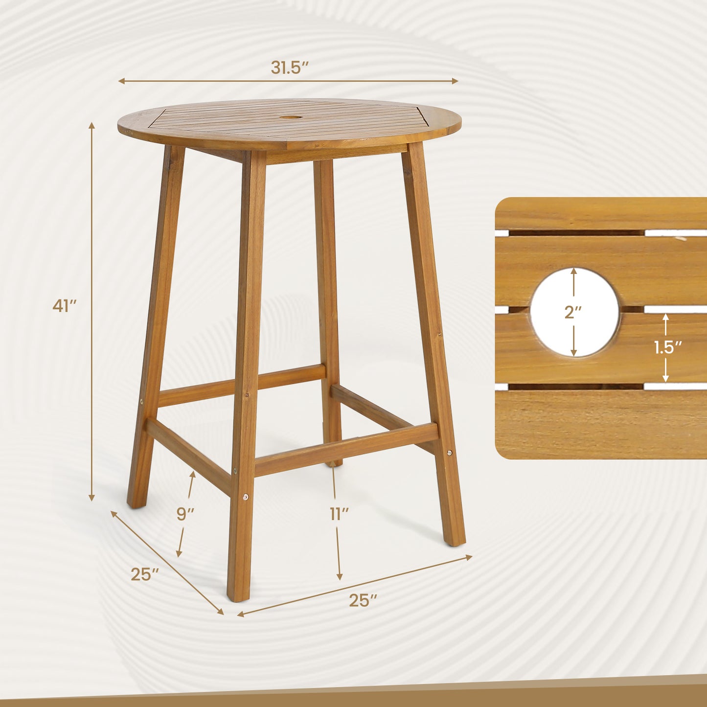 Bar Height Table with Umbrella Hole and Slatted Tabletop for Outdoors