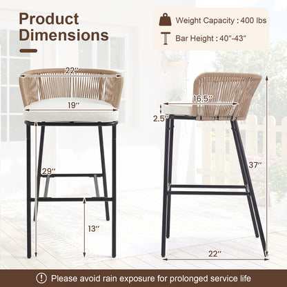 Bar Height Woven Rope Patio Chairs Set of 2-White