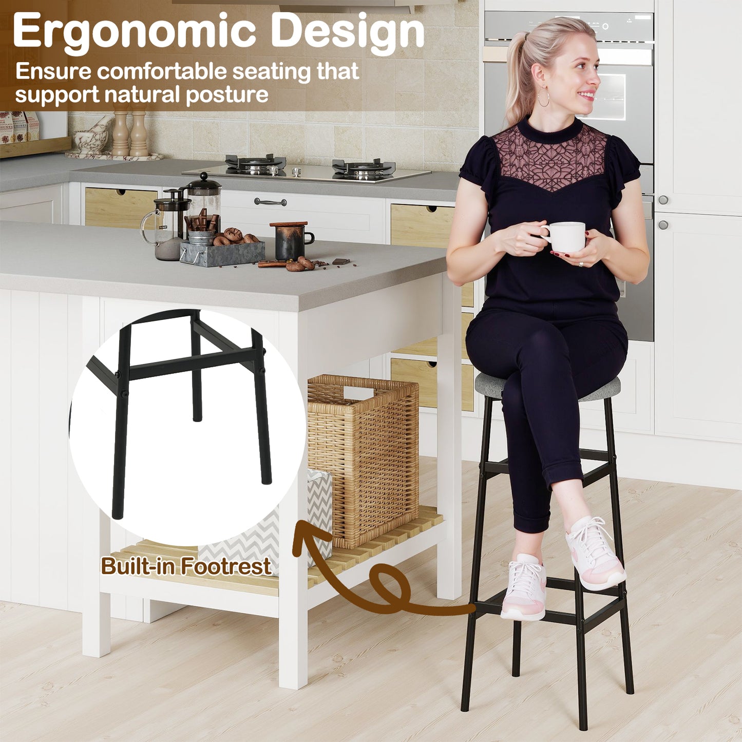 Bar Stools Set of 2 with Sturdy Metal Frame and Footrest-Gray