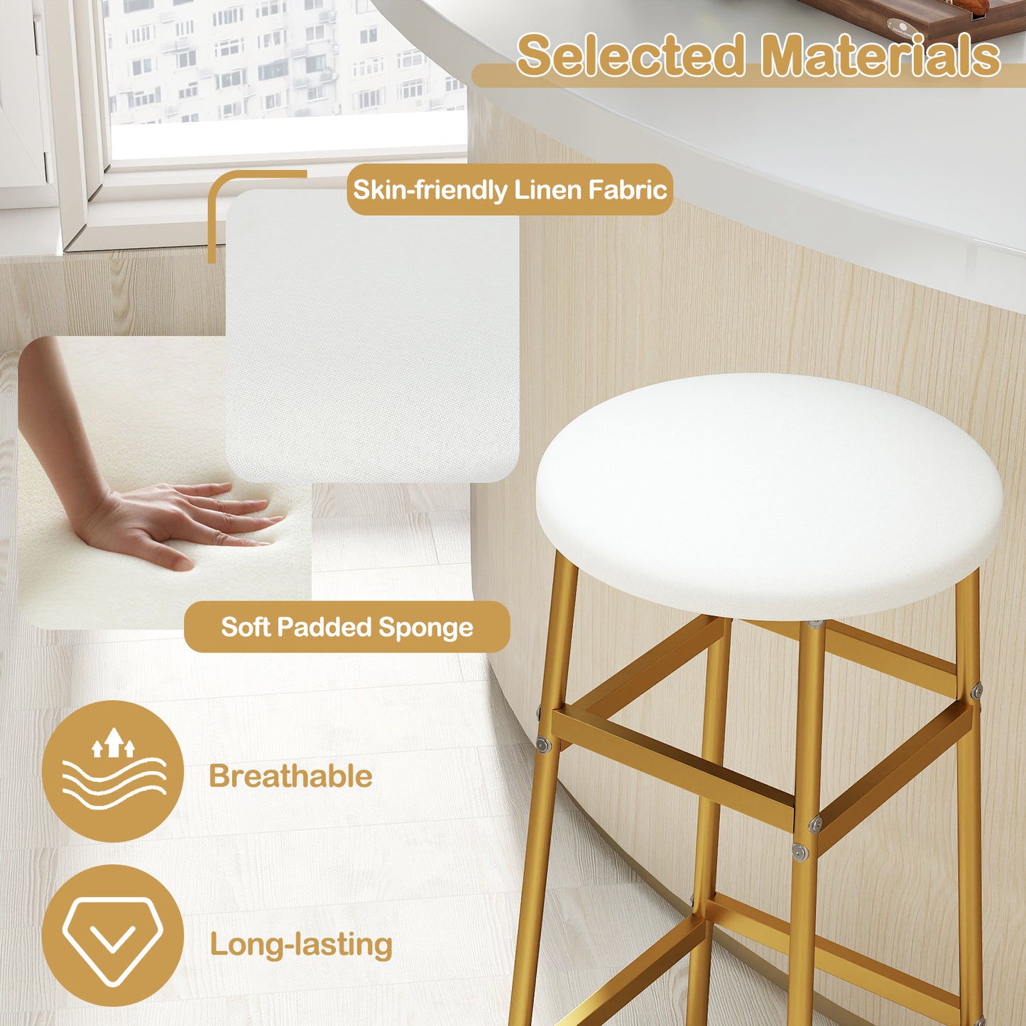Bar Stools Set of 2 with Sturdy Metal Frame and Footrest-White