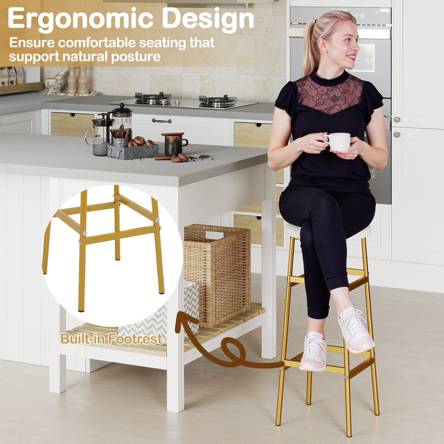 Bar Stools Set of 2 with Sturdy Metal Frame and Footrest-White