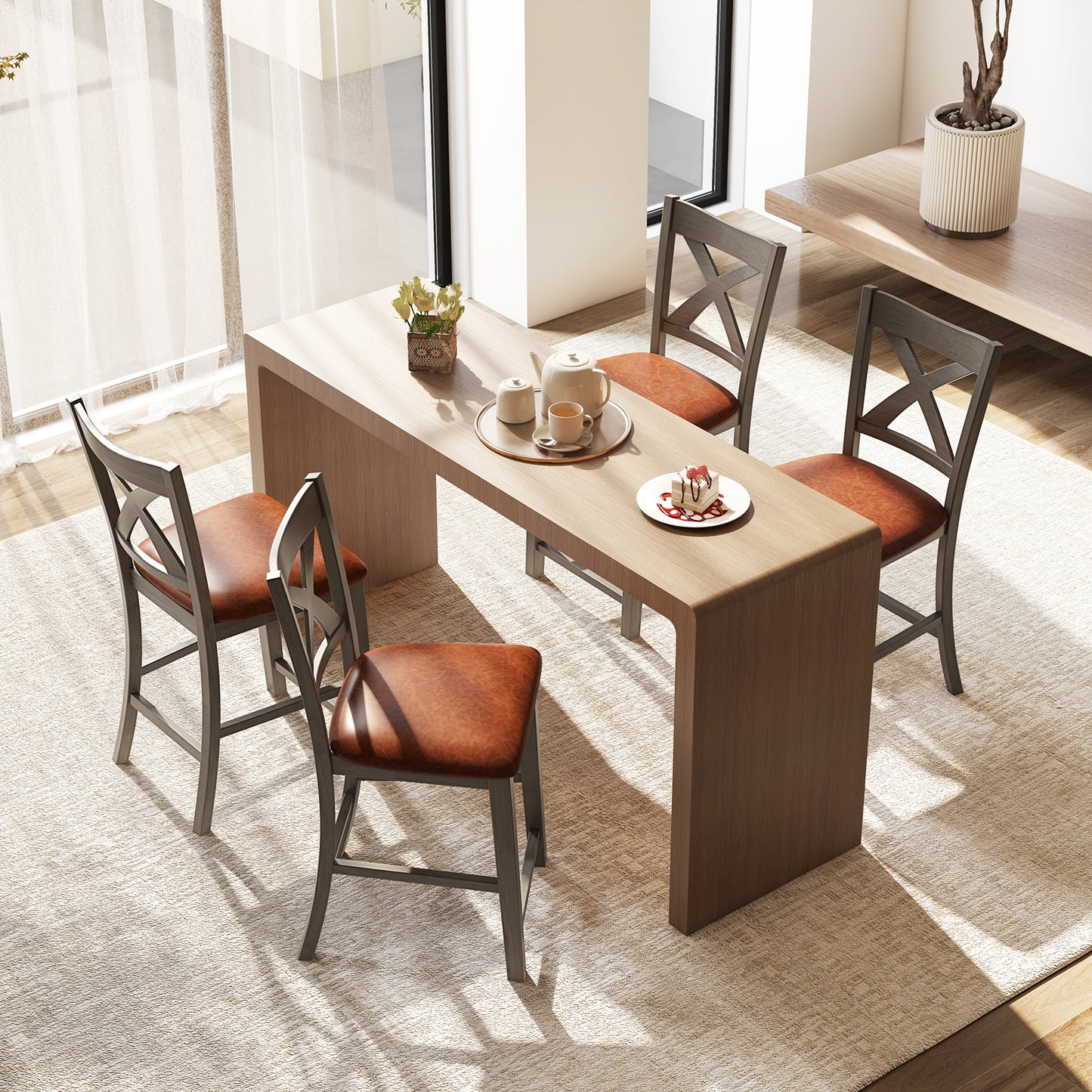 Bar Stools Set of 2 with Cross Back and Faux Leather Upholstered Seat-Gray