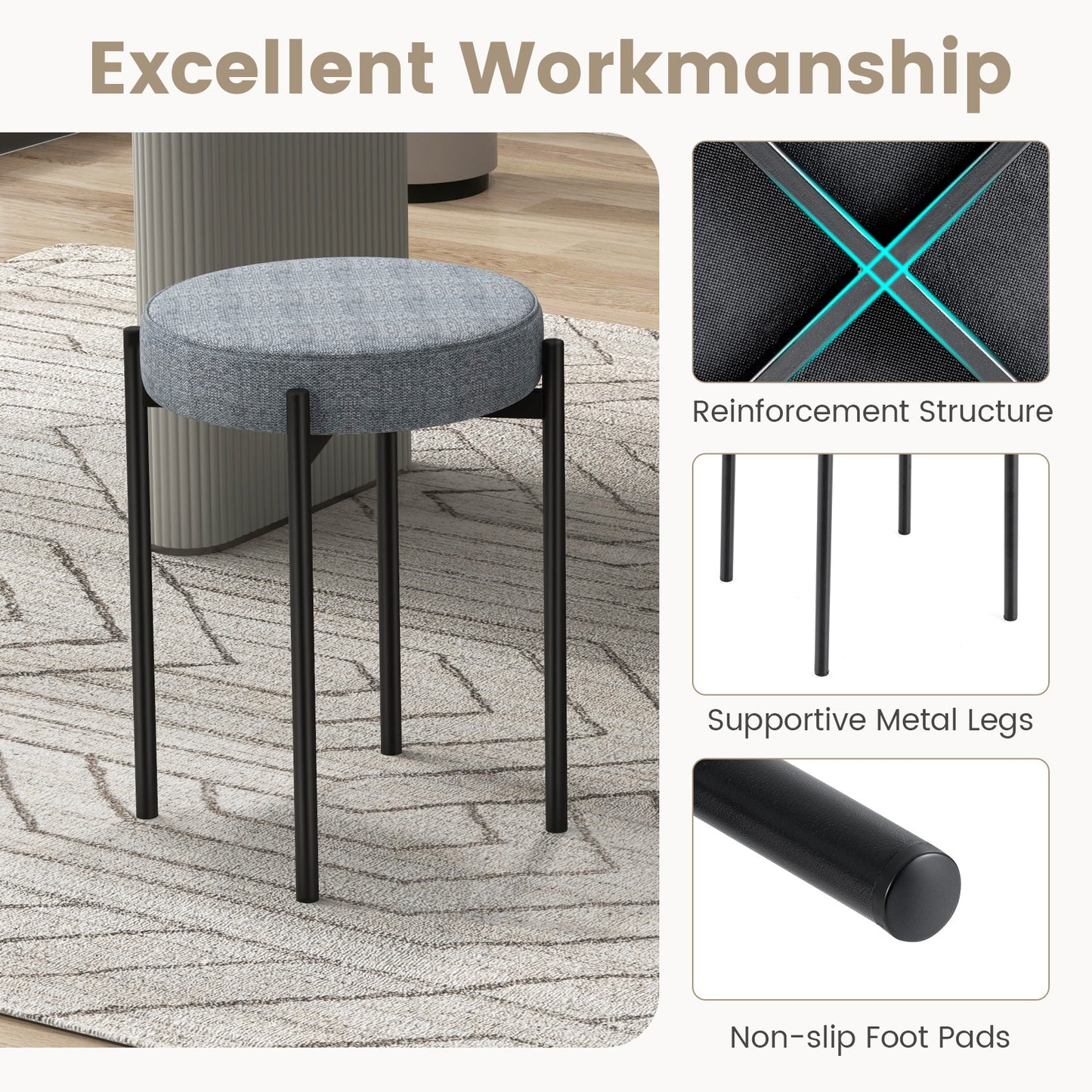 Bar Stools Set of 4 Upholstered Kitchen Stools with Foot Pads-Light Gray