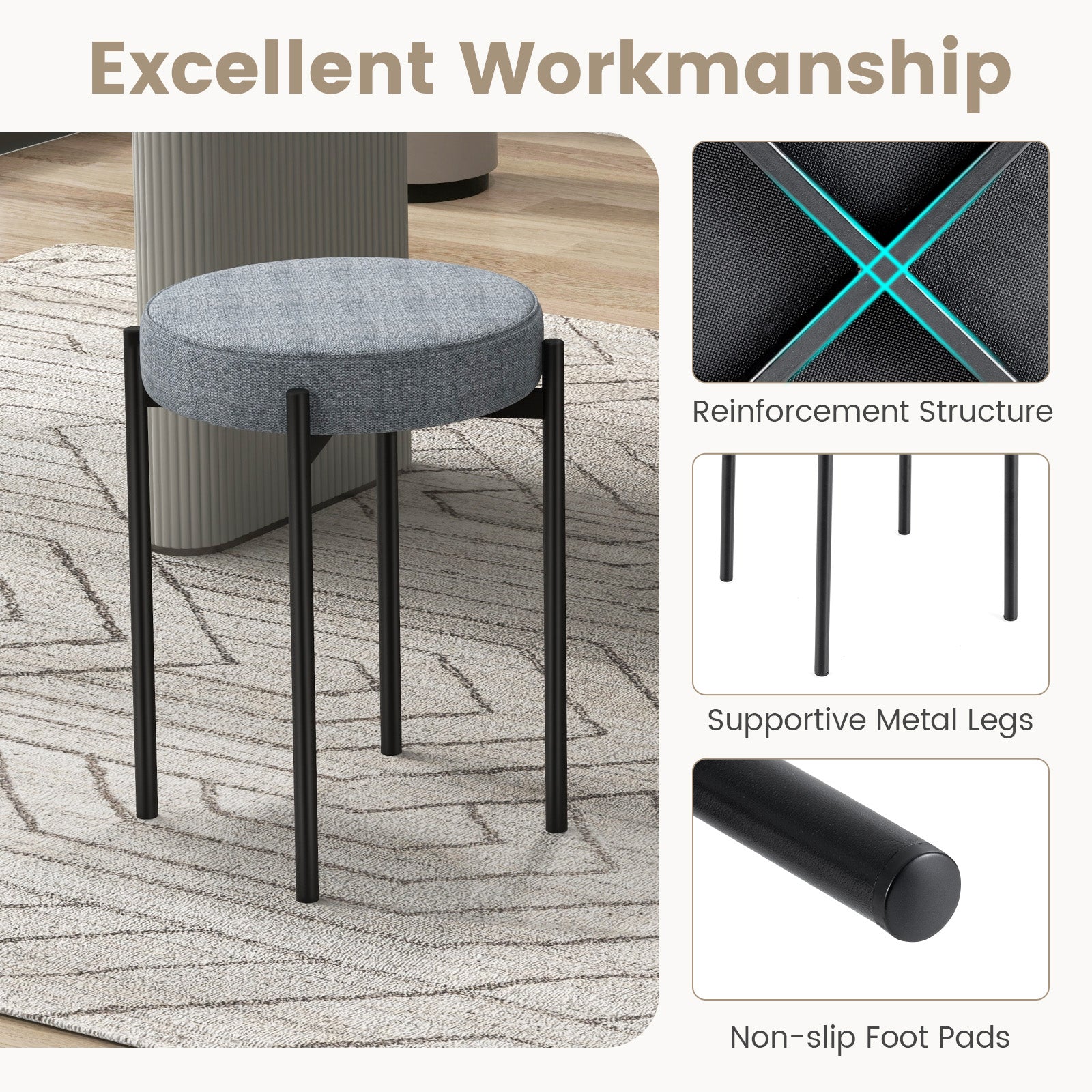 Bar Stools Set of 4 Upholstered Kitchen Stools with Foot Pads-Light Gray