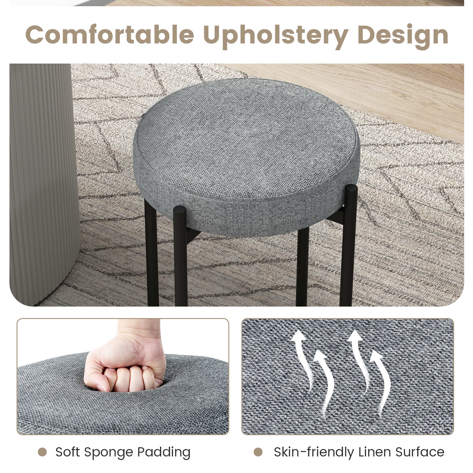 Bar Stools Set of 4 Upholstered Kitchen Stools with Foot Pads-Light Gray