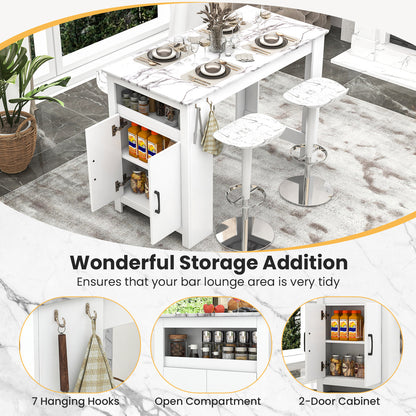 Bar Table Faux Marble Pub Table with 7 Hanging Hooks Compartment-White