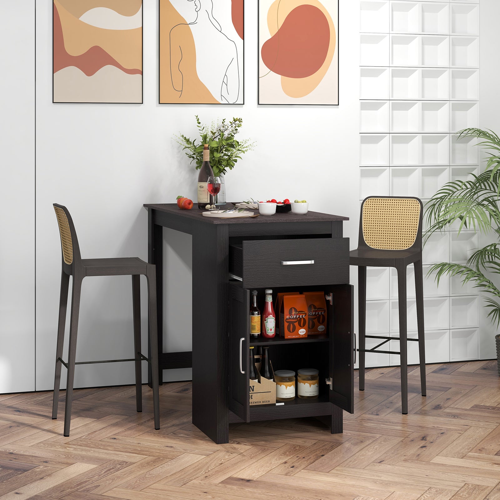 Counter Height Bar Table with Storage Cabinet and Drawer-Black