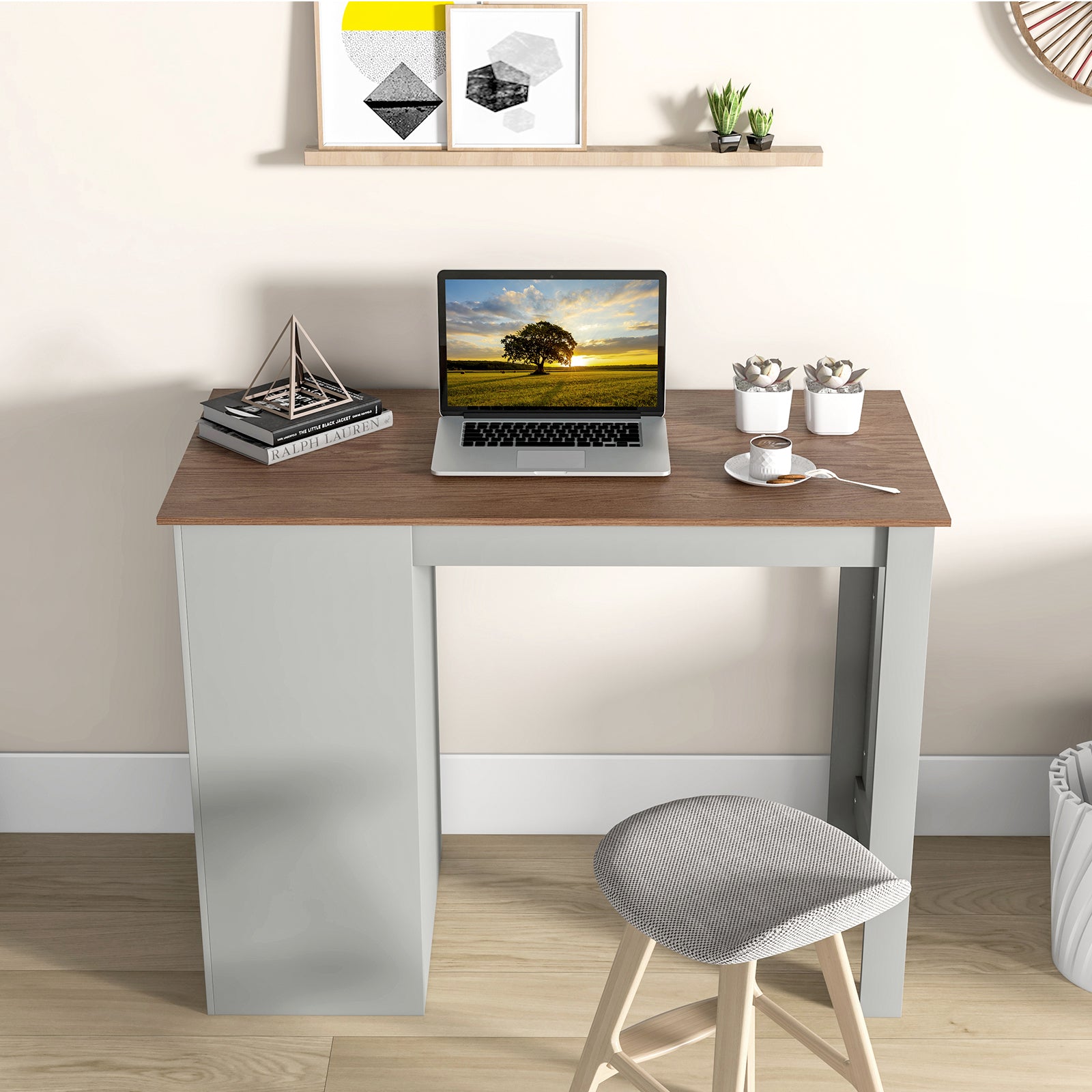 Counter Height Bar Table with Storage Cabinet and Drawer-Gray