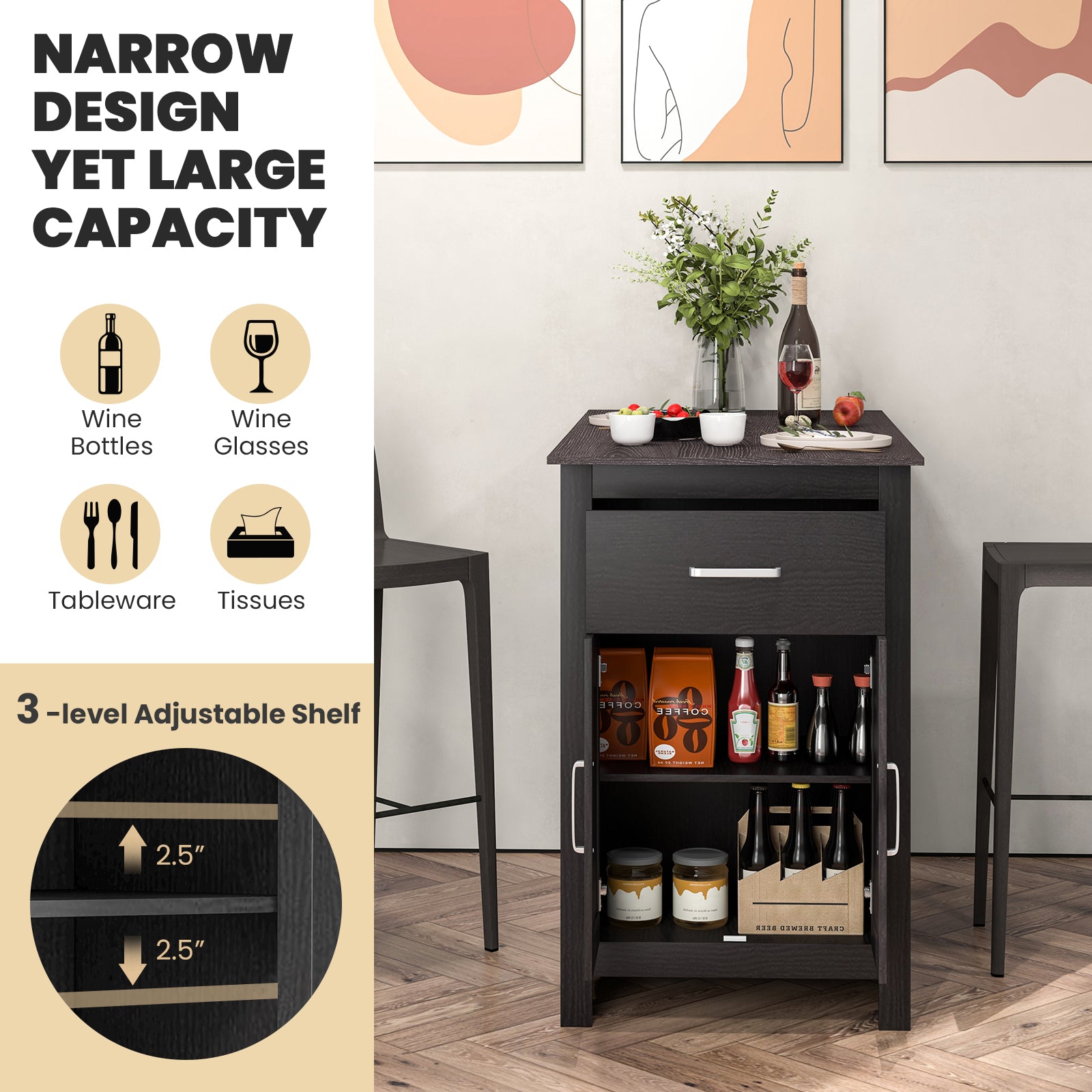 Counter Height Bar Table with Storage Cabinet and Drawer-Black