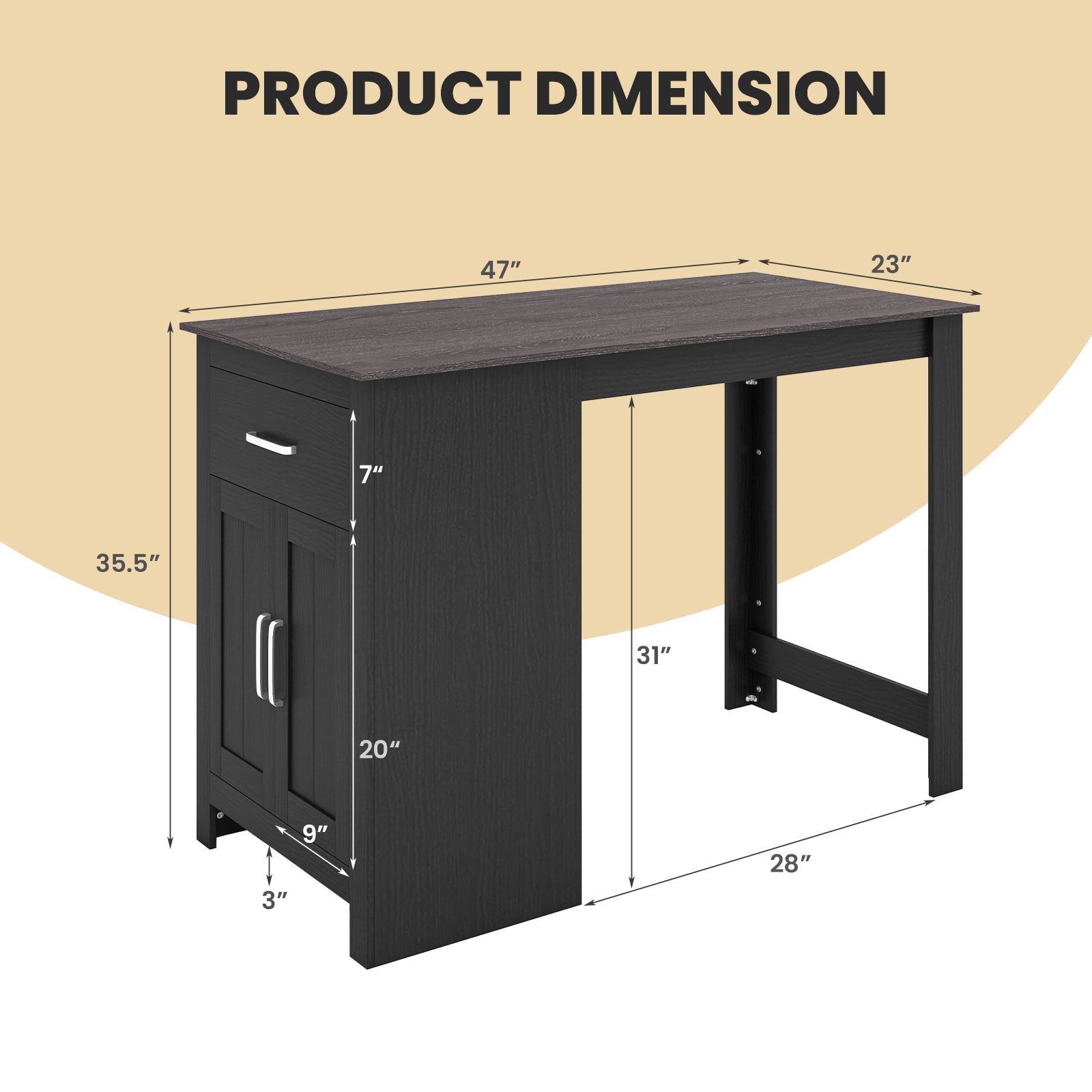 Counter Height Bar Table with Storage Cabinet and Drawer-Black