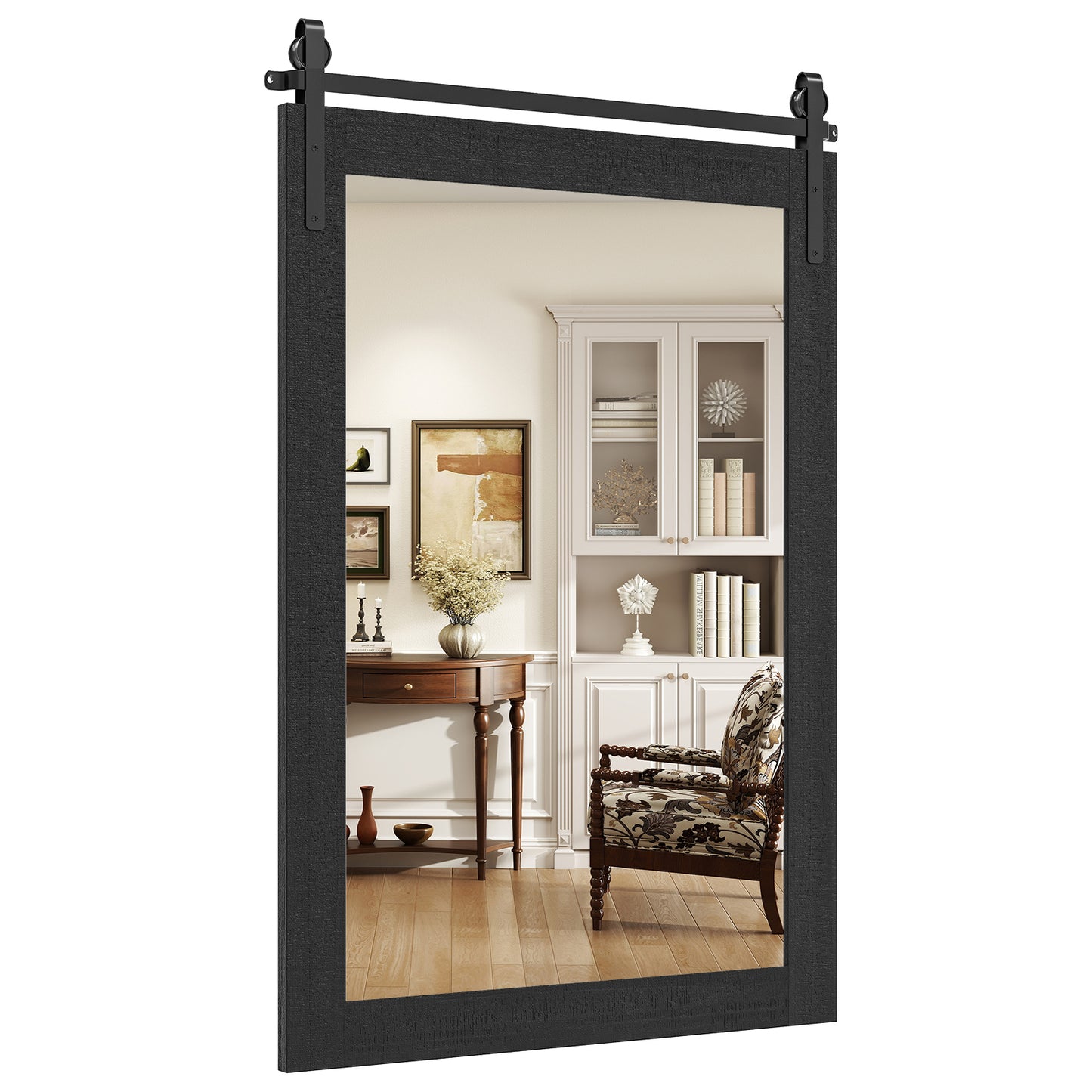 Rustic Wood Frame Barn Door Style Farmhouse Wall Mirror-Black