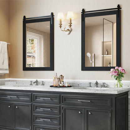 Rustic Wood Frame Barn Door Style Farmhouse Wall Mirror-Black