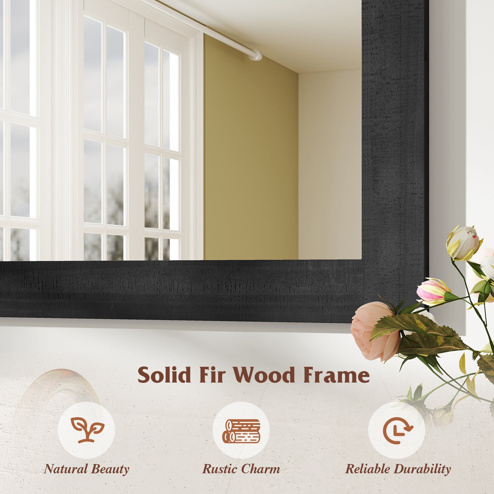 Rustic Wood Frame Barn Door Style Farmhouse Wall Mirror-Black