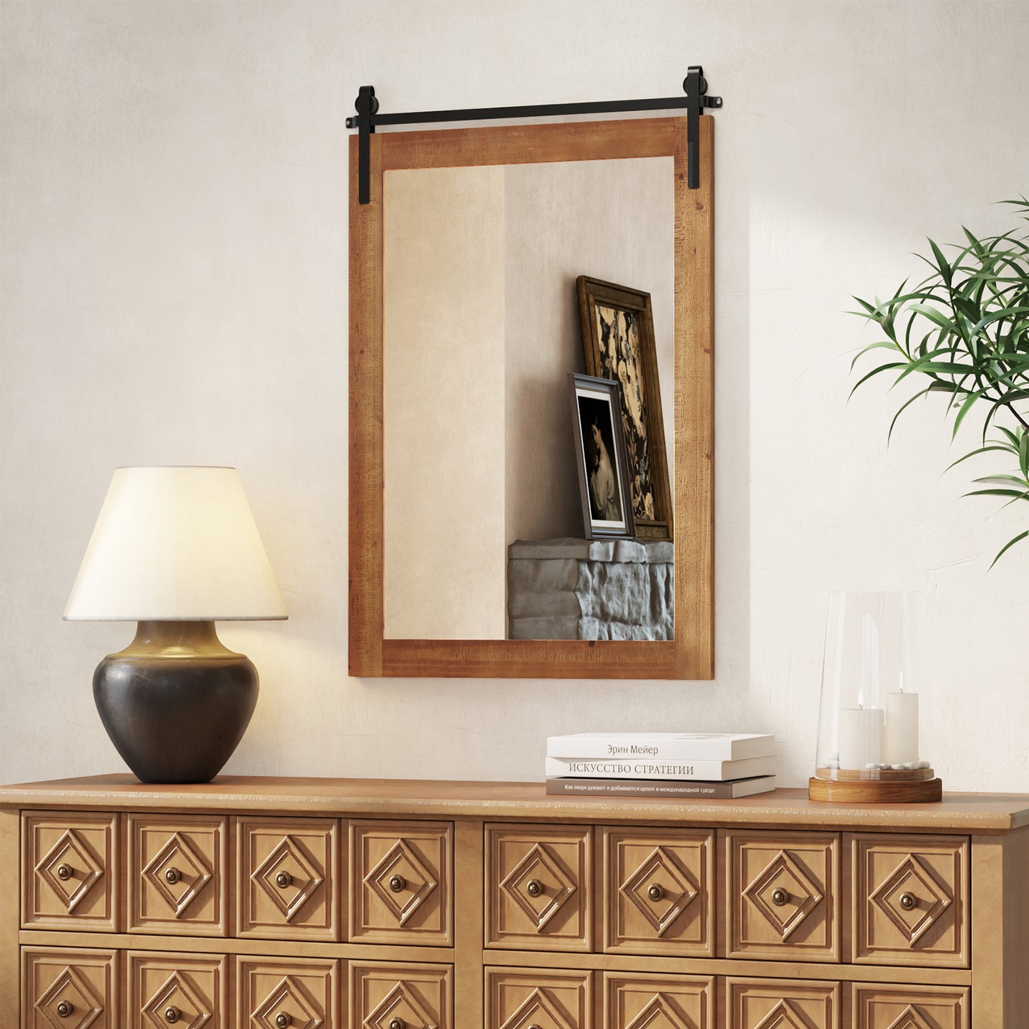 Rustic Wood Frame Barn Door Style Farmhouse Wall Mirror-Brown
