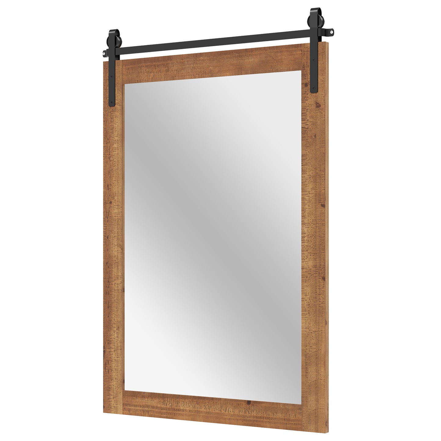 Rustic Wood Frame Barn Door Style Farmhouse Wall Mirror-Brown