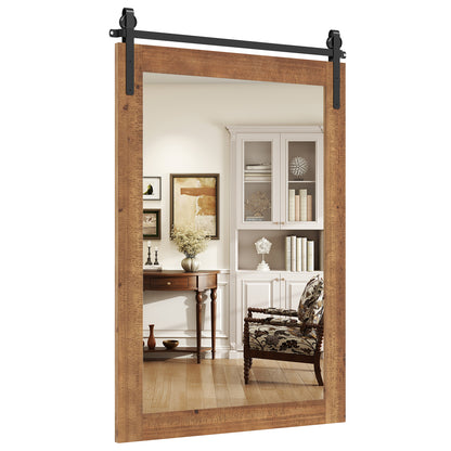 Rustic Wood Frame Barn Door Style Farmhouse Wall Mirror-Brown