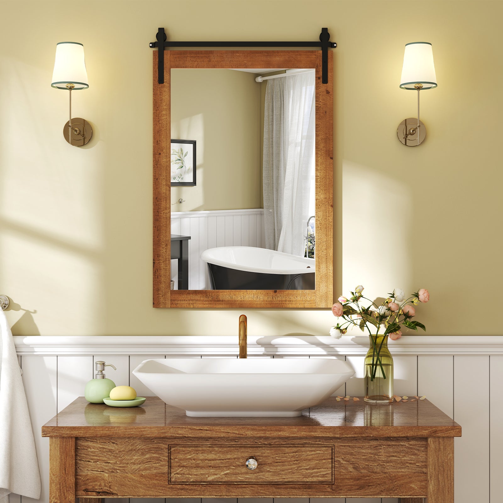 Rustic Wood Frame Barn Door Style Farmhouse Wall Mirror-Brown