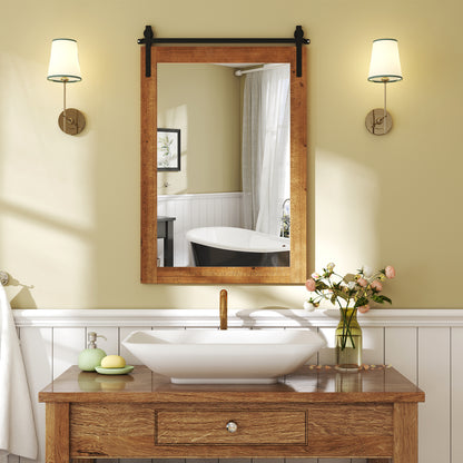 Rustic Wood Frame Barn Door Style Farmhouse Wall Mirror-Brown